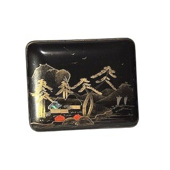 Vintage Lacquer Nesting Trinket Boxes Set Japanese Landscape Scene Black Gold - Picture 3 of 14